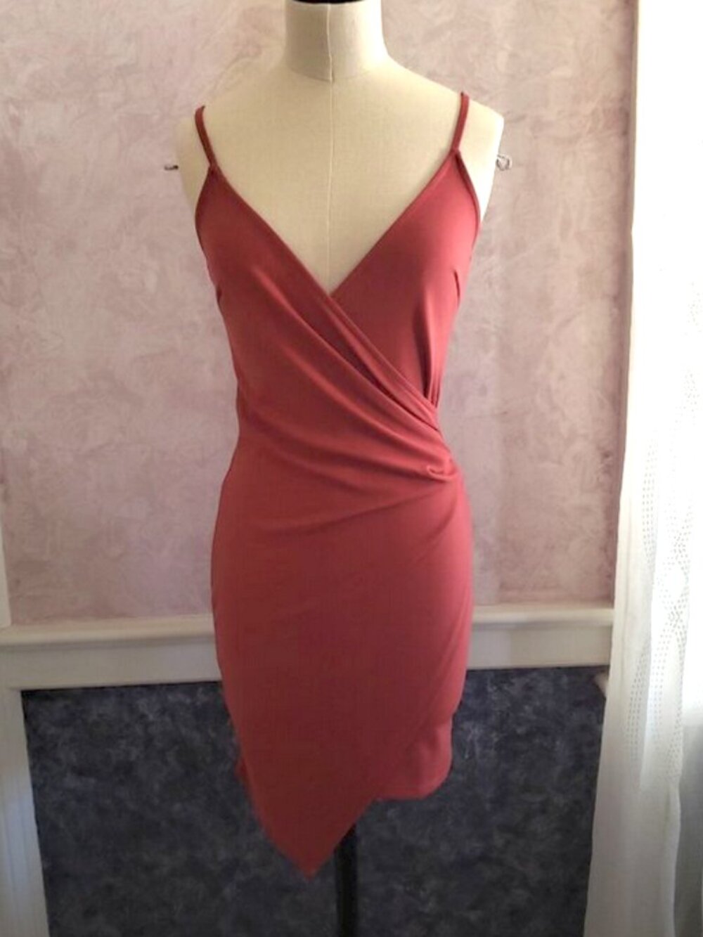 Dusty Rose Pink draped asymmetrical cocktail dress XS - Picture 3 of 10